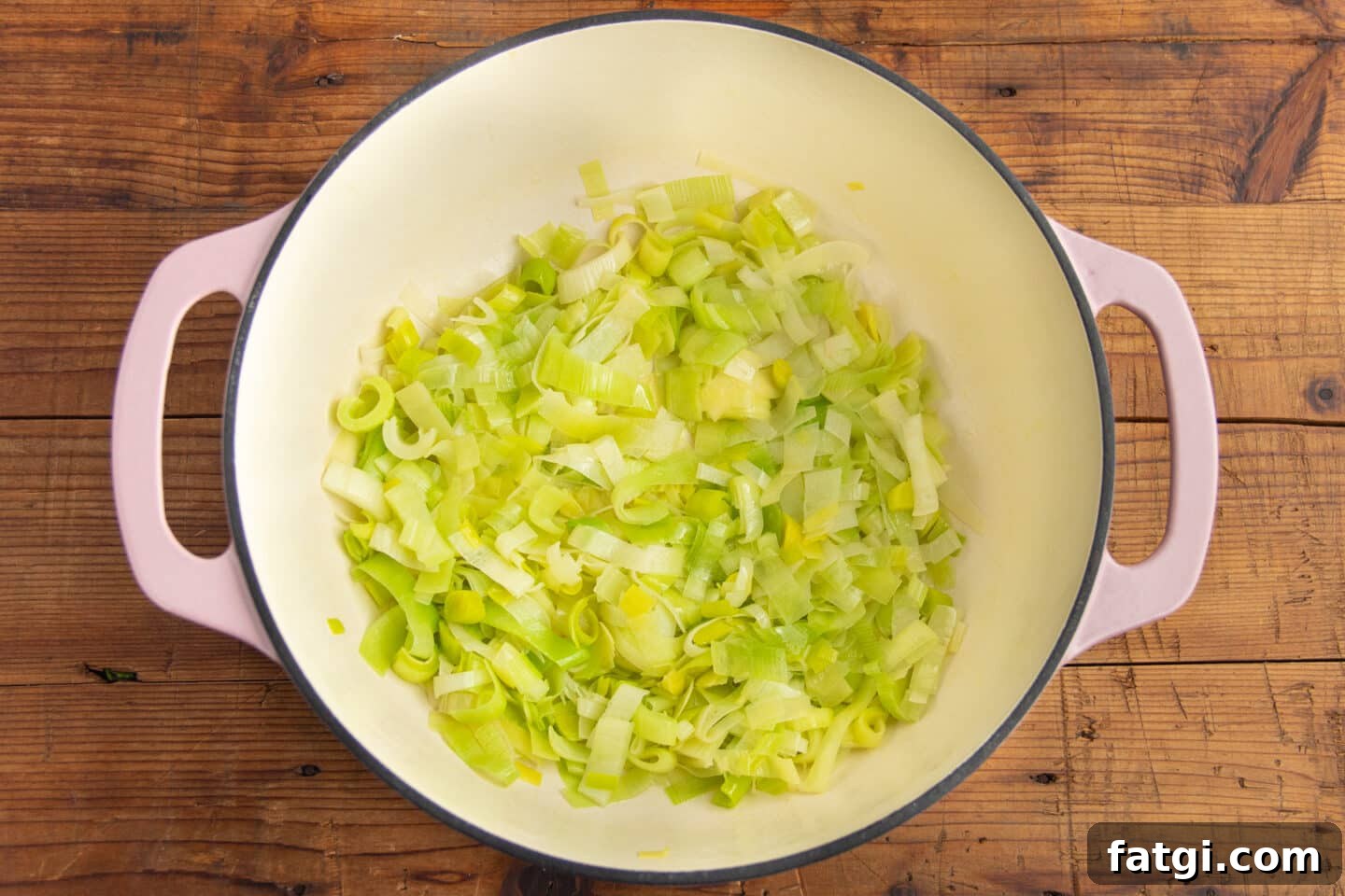 Creamy Cauliflower, Potato and Leek Soup Recipe 4 This is a picture of a big pot with leeks cooking.