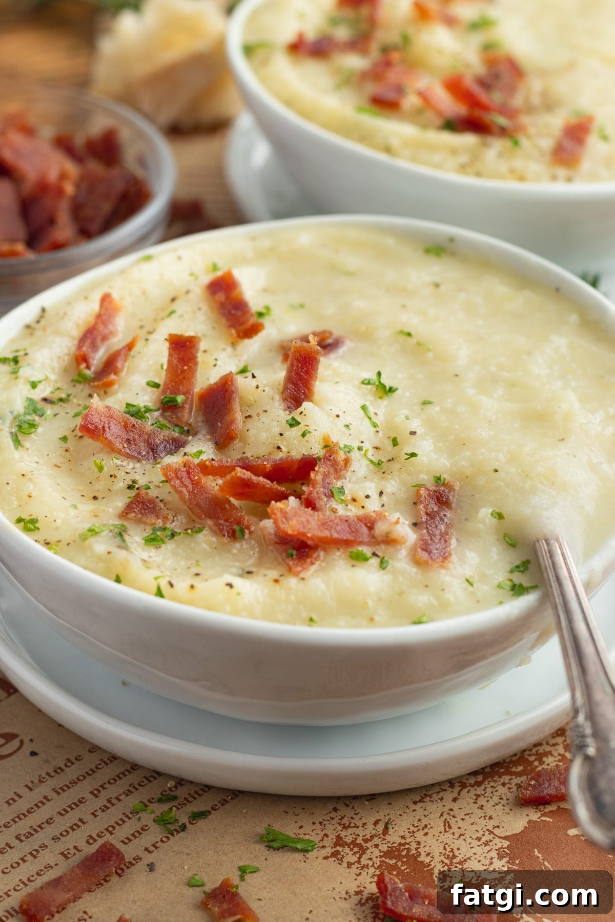 Creamy Cauliflower, Potato and Leek Soup Recipe 8 This is a picture of a bowl filled with potato cauliflower leek soup.