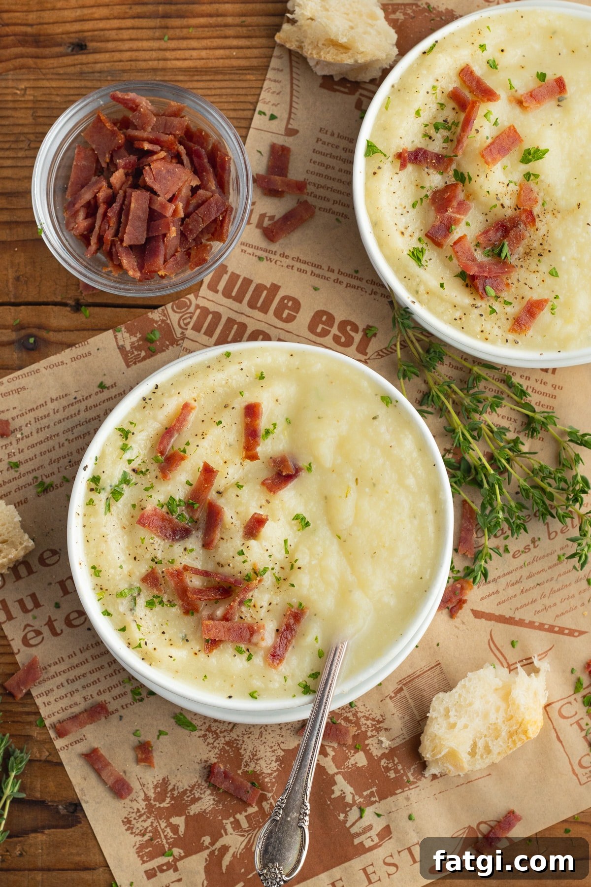 Creamy Cauliflower, Potato and Leek Soup Recipe 9 This is a picture of two bowls of soup and one of chopped turkey bacon.