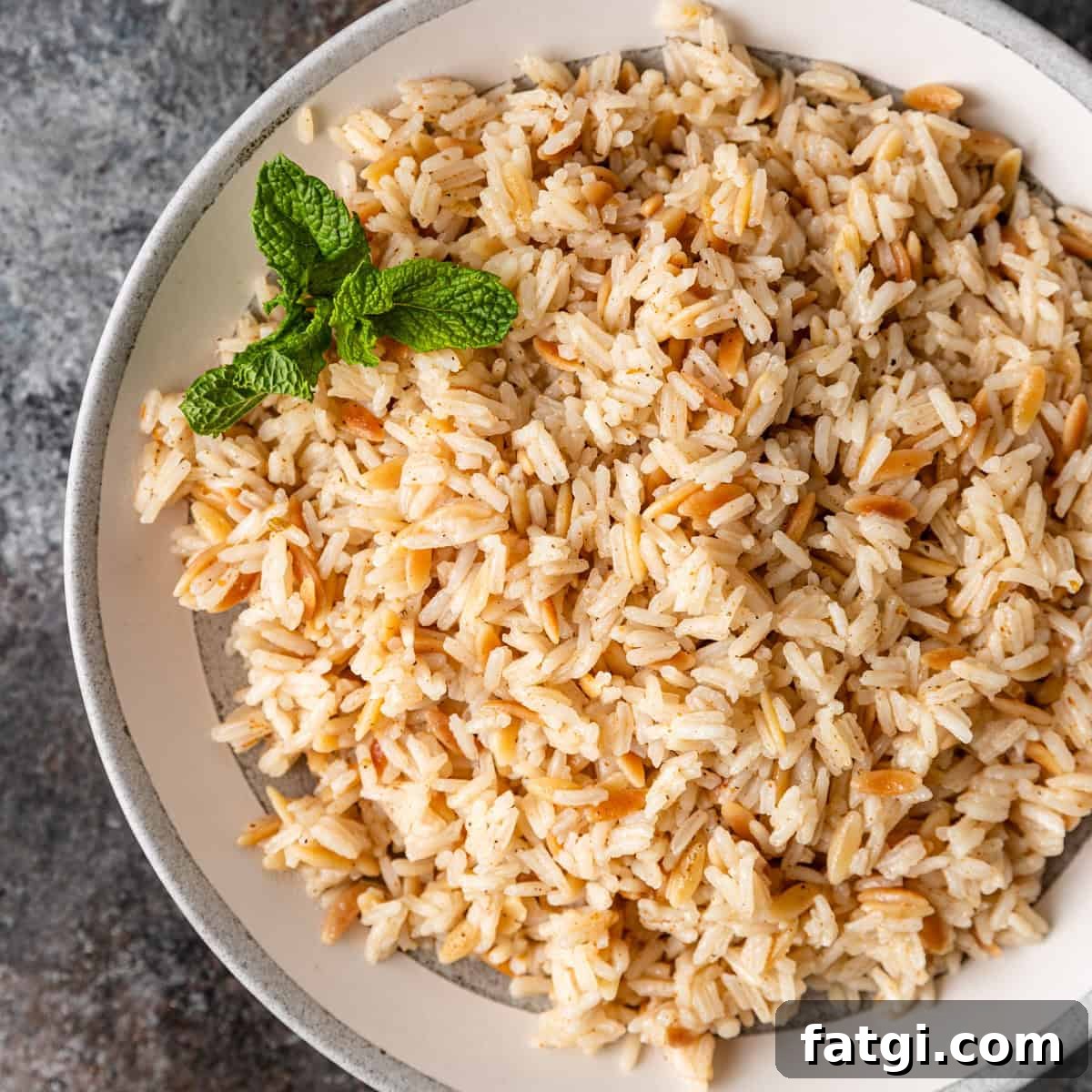 overhead: a serving bowl filled with orzo rice with fresh mint on top