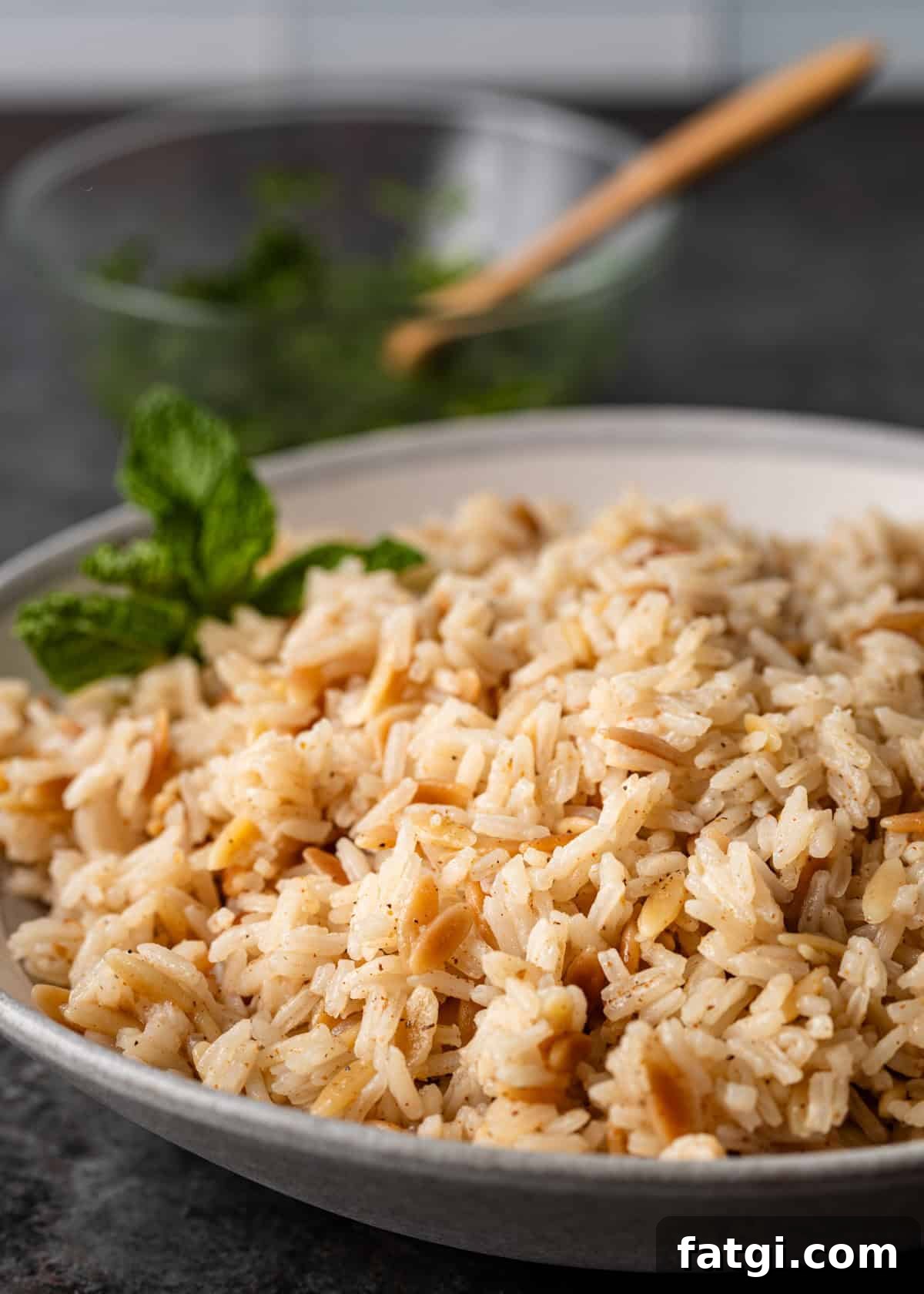 side view: my orzo rice recipe in a large serving bowl with fresh mint as a garnish