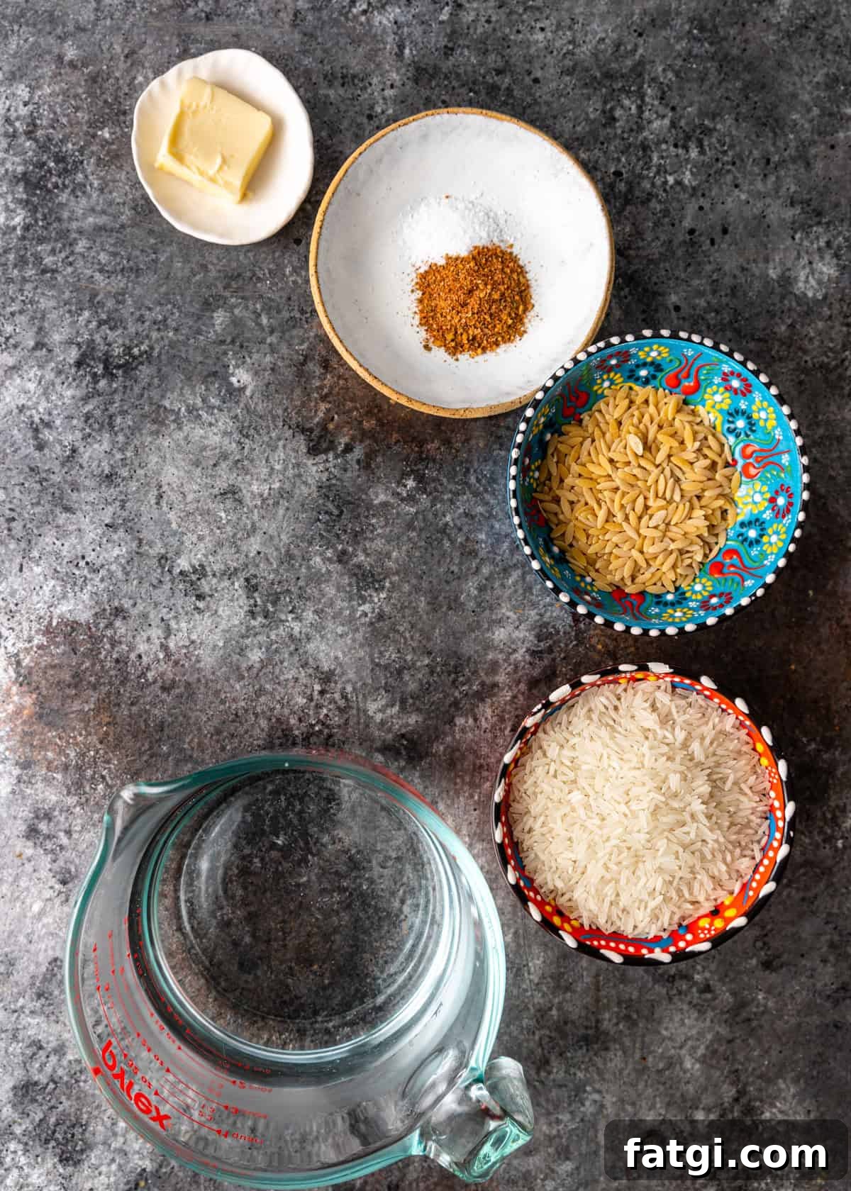 overhead: bowls of ingredients needed for Turkish rice