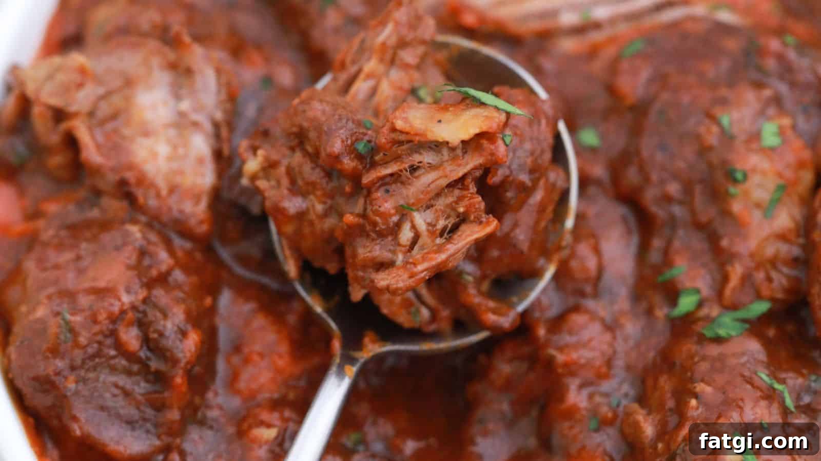 A close-up of braised short ribs in a tomato-based sauce, garnished with herbs.