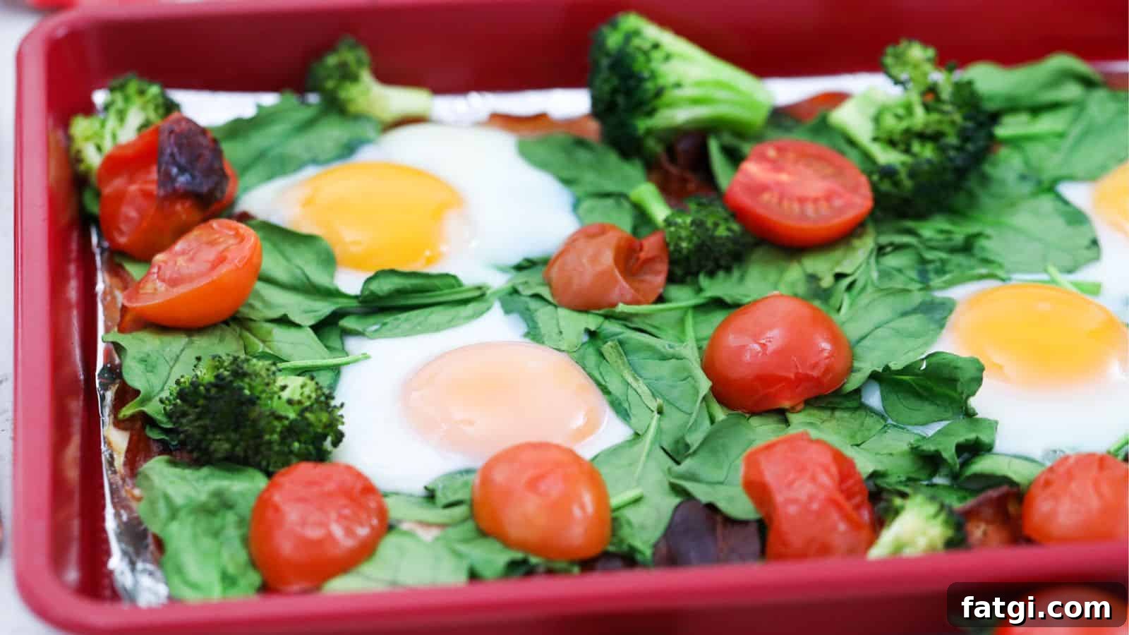 Sheet pan with cooked eggs, spinach, tomatoes, broccoli, and bacon.