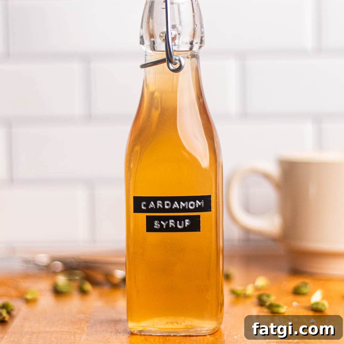 Homemade Cardamom Syrup Recipe for Coffee and Cocktails 2 Homemade cardamom syrup in a glass swing-top bottle labeled “cardamom syrup” on a wood countertop with blurred background.