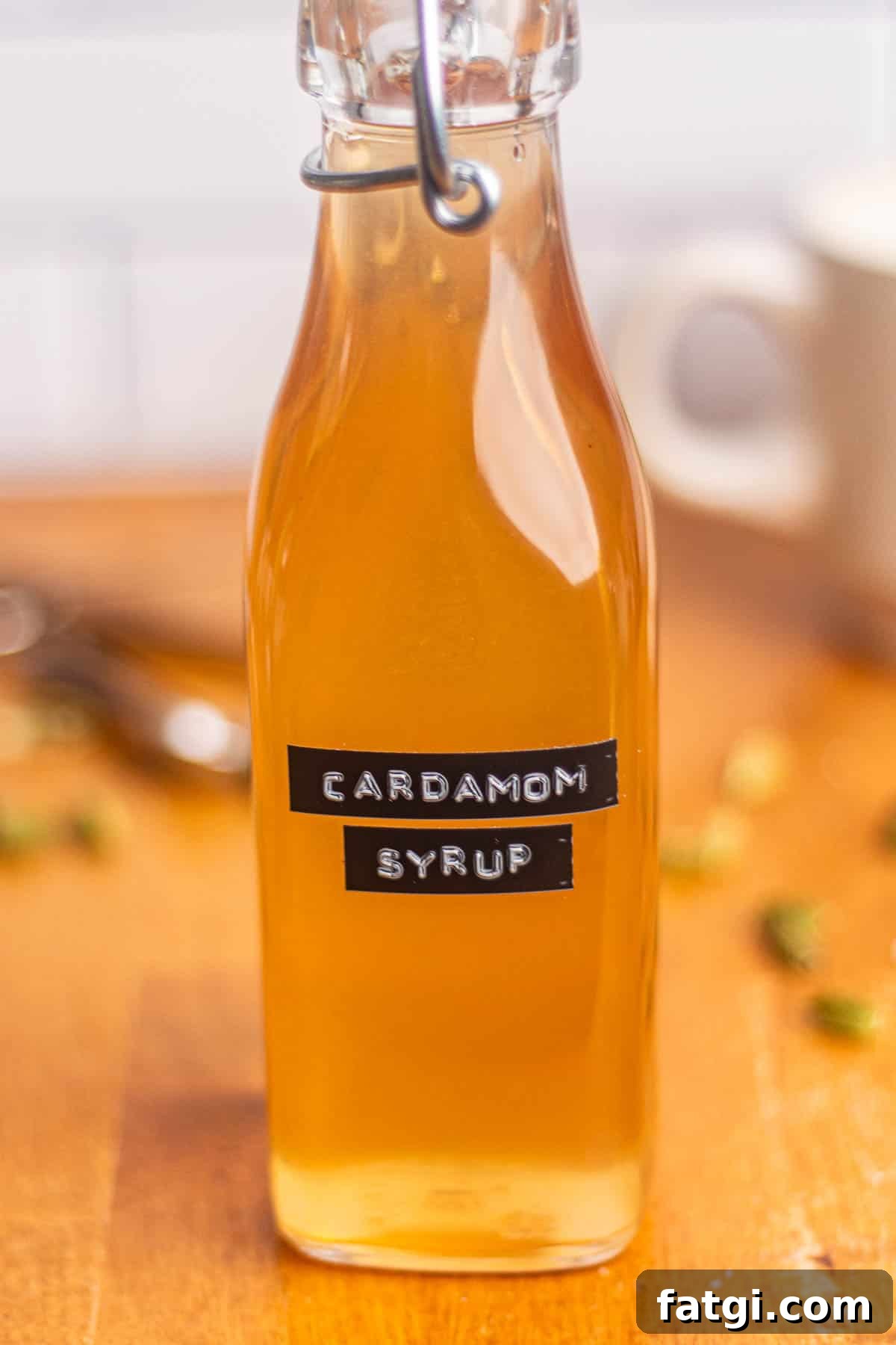 Homemade Cardamom Syrup Recipe for Coffee and Cocktails 5 Close-up of a glass bottle of golden brown cardamom syrup on a table with coffee mug in the background.