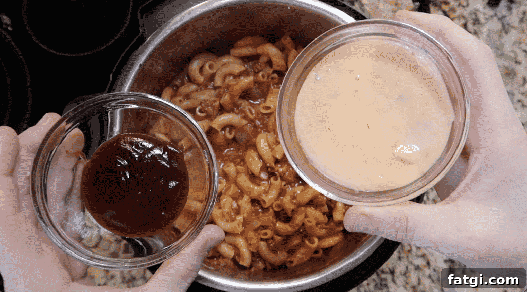 Adding Thousand Island dressing and barbecue sauce to pot