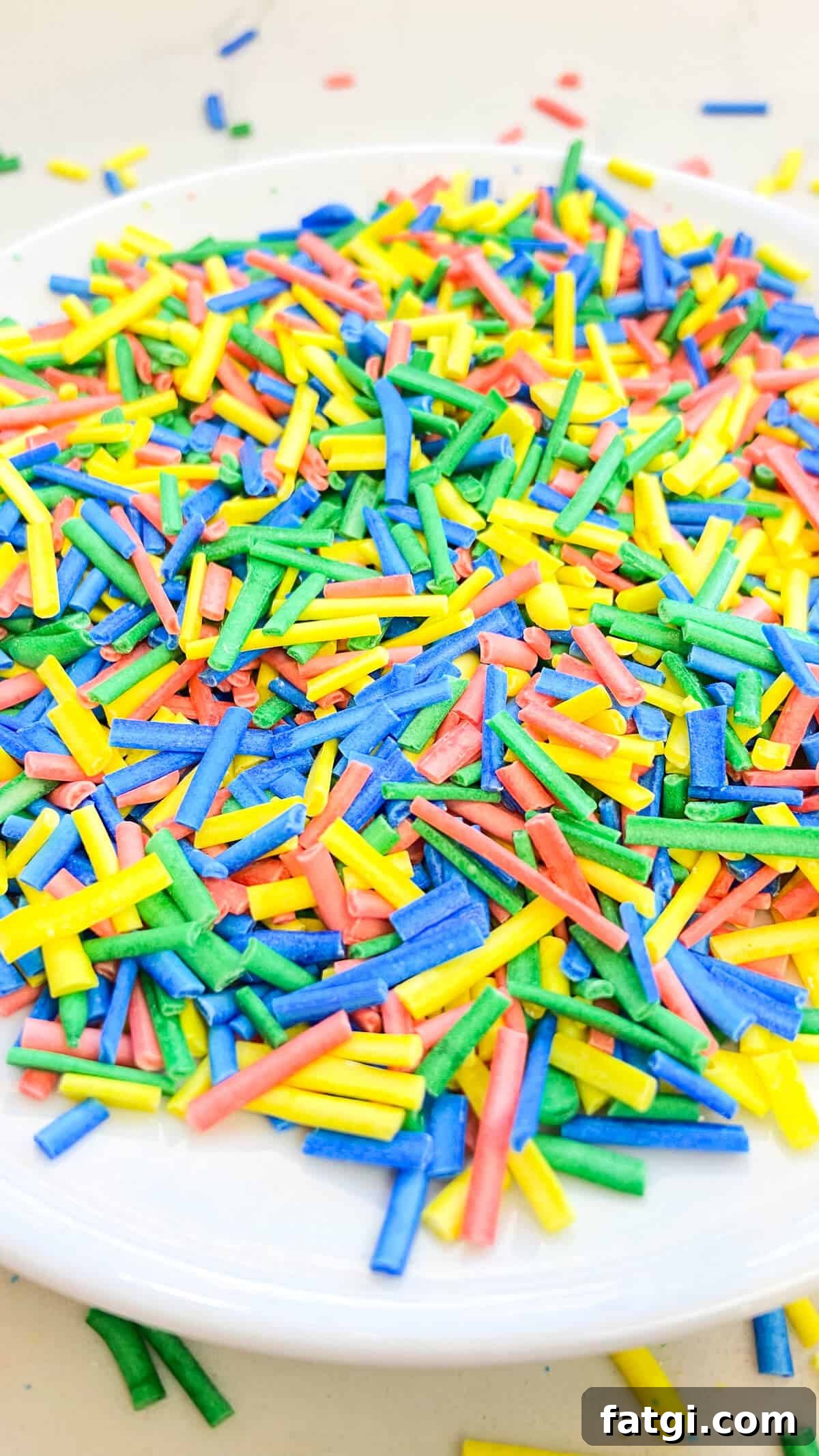 A close-up view of yellow, pink, blue, and green sprinkles.