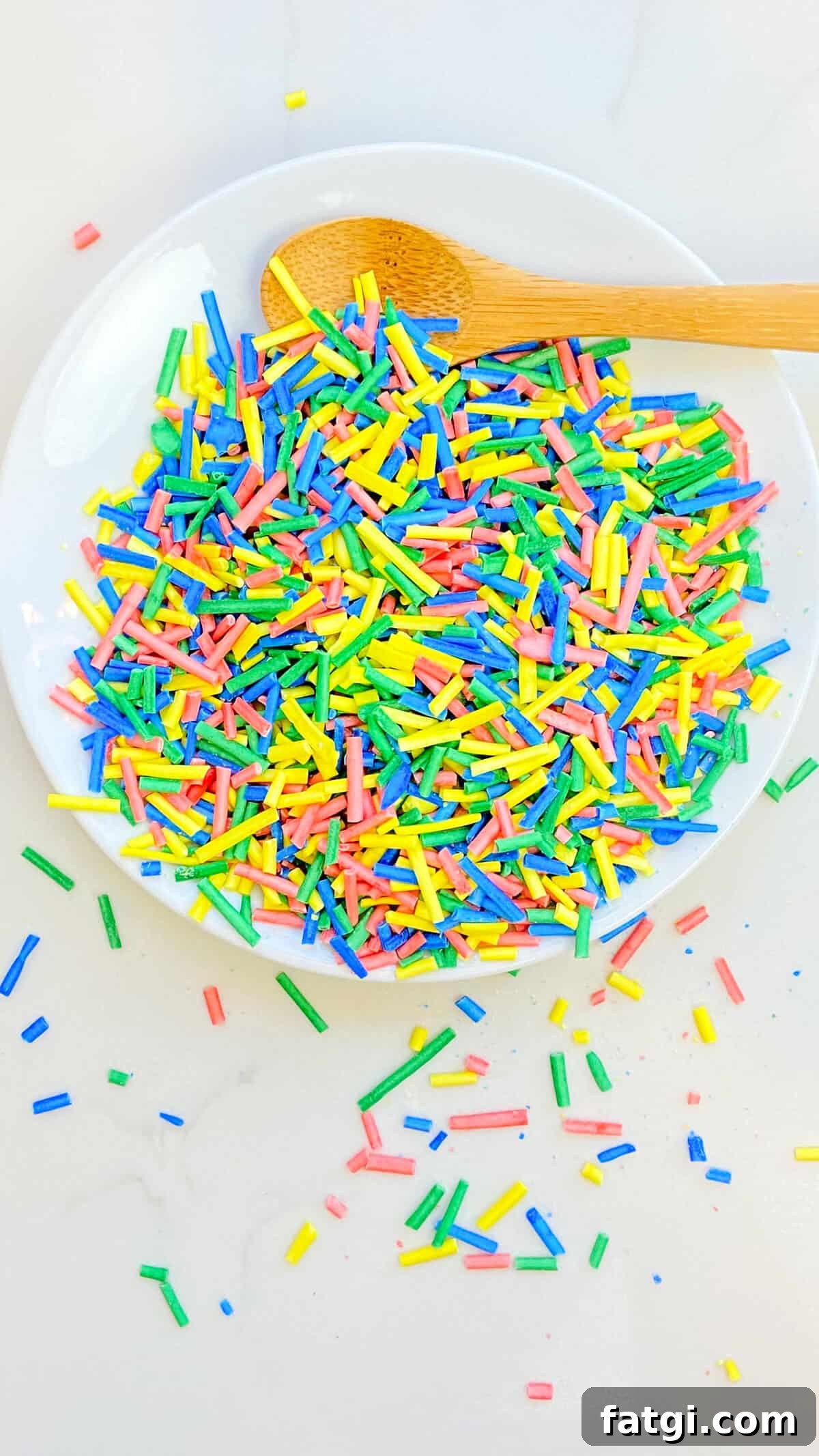 A plateful of colorful sprinkles, overflowing onto the countertop.