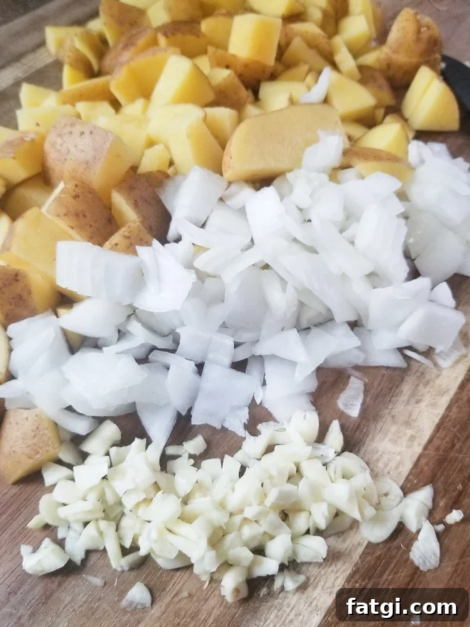 potatoes garlic and onions cut up