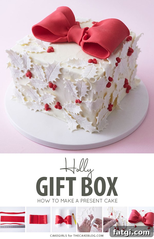 Finished Holly Gift Box Cake with red fondant bow