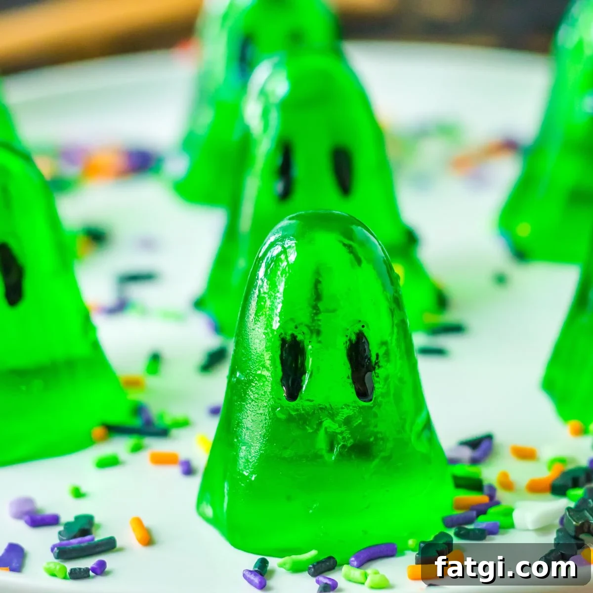 Ghost Jello Shots for Halloween Parties 2 ghost shaped jello shots on table with Halloween sprinkles around it