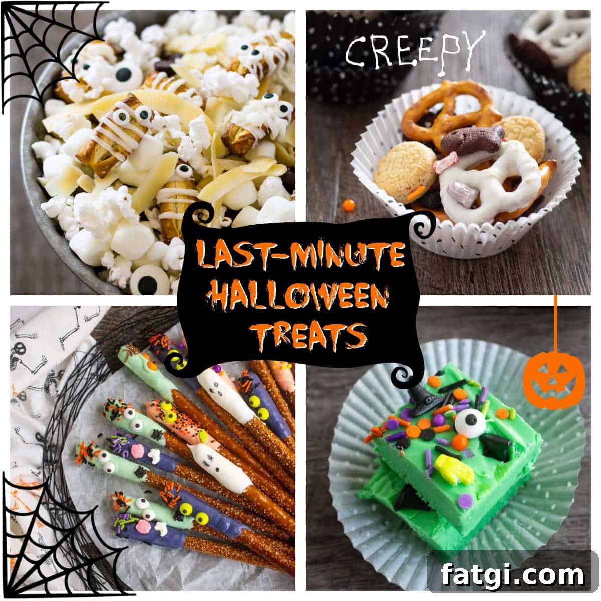 Mini Mummy Pizza Dippers for Halloween 11 collage of recipes with text "last minute halloween treats"