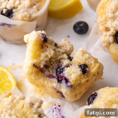 Closeup of a lemon blueberry muffin with a bite taken out.