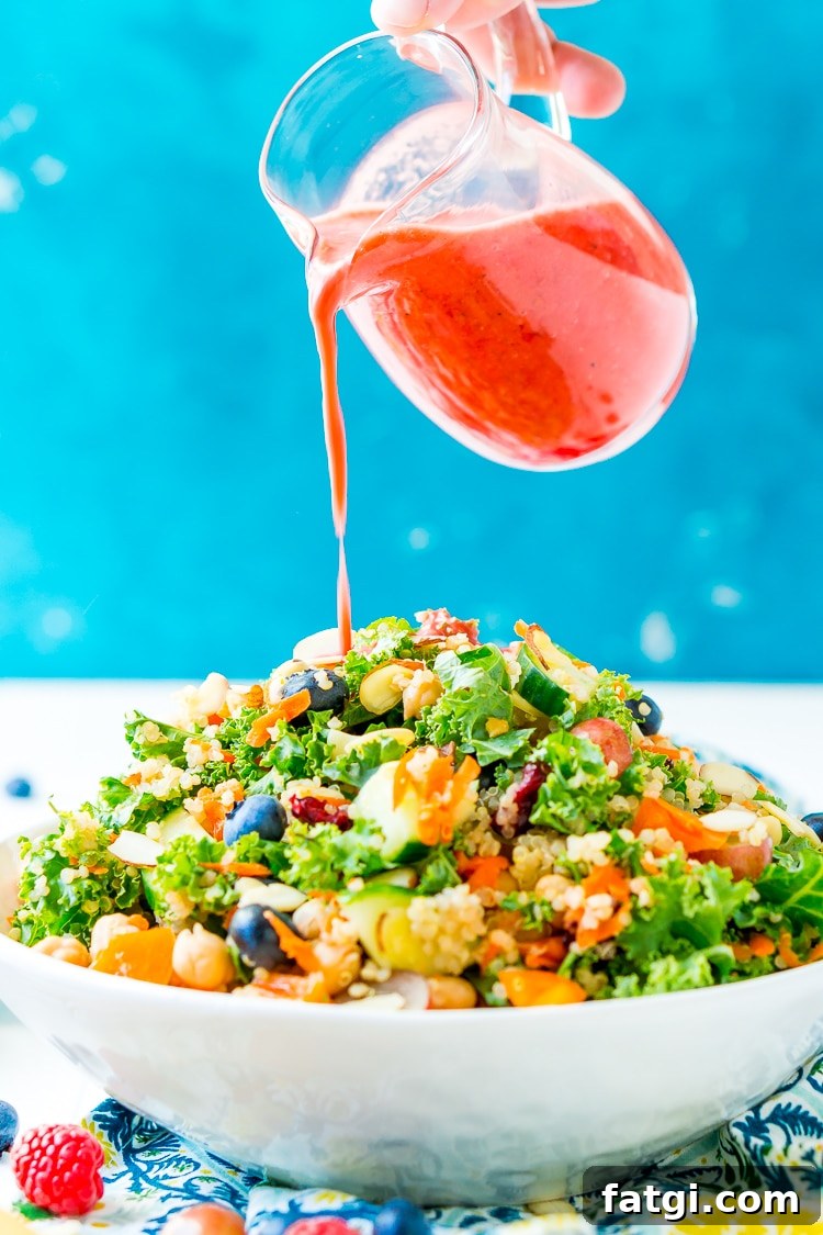 Chopped Kale Salad with raspberry vinaigrette dressing