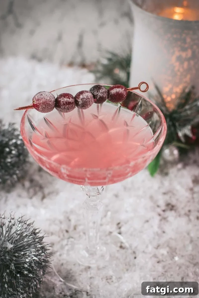 Cranberry Maraschino Sour Cocktail Recipe 2 Gorgeous pink cranberry maraschino sour garnished with iced cranberries on a cocktail skewer.
