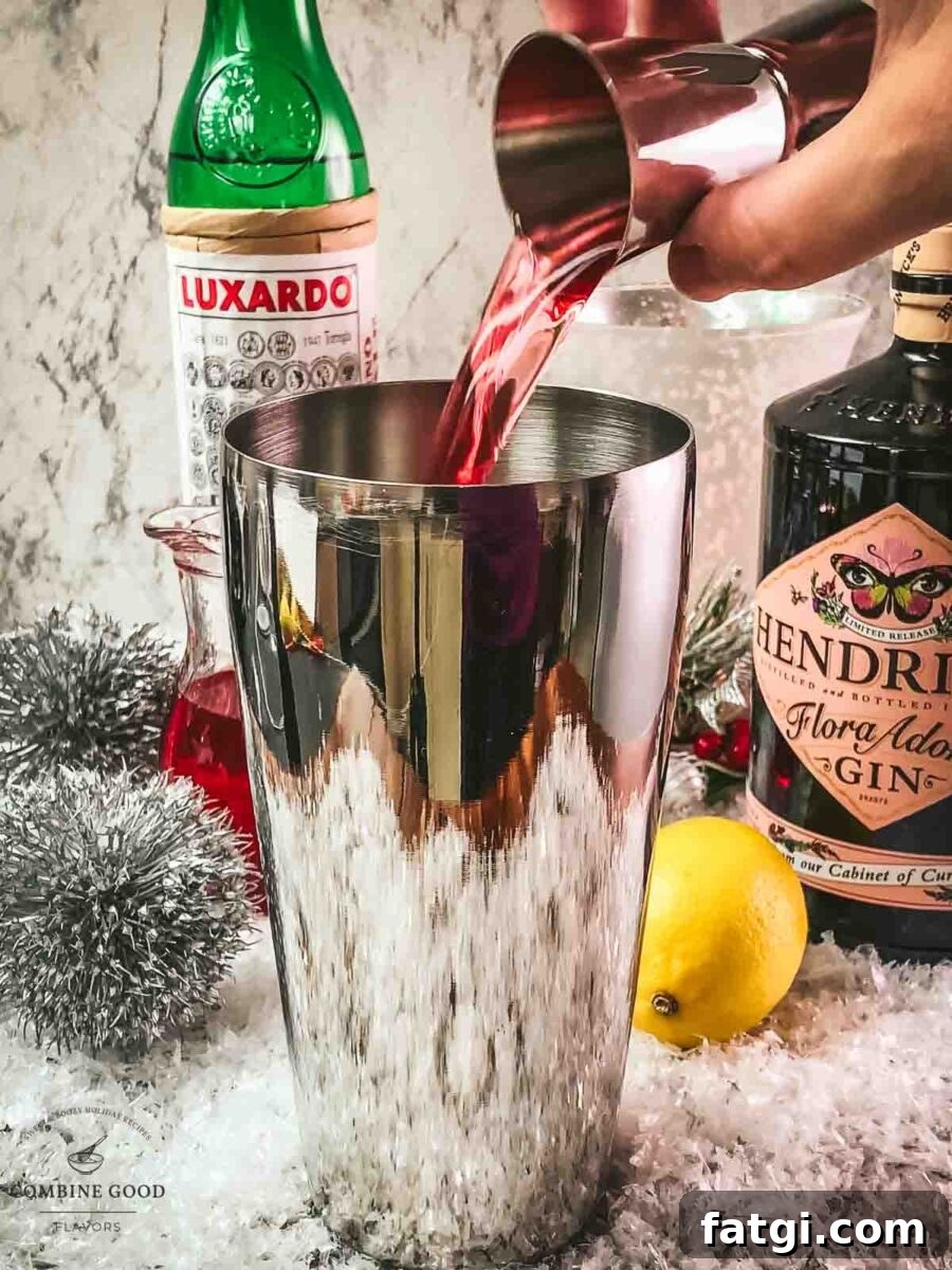 Cranberry Maraschino Sour Cocktail Recipe 5 Add cranberry juice to the shaker tin.