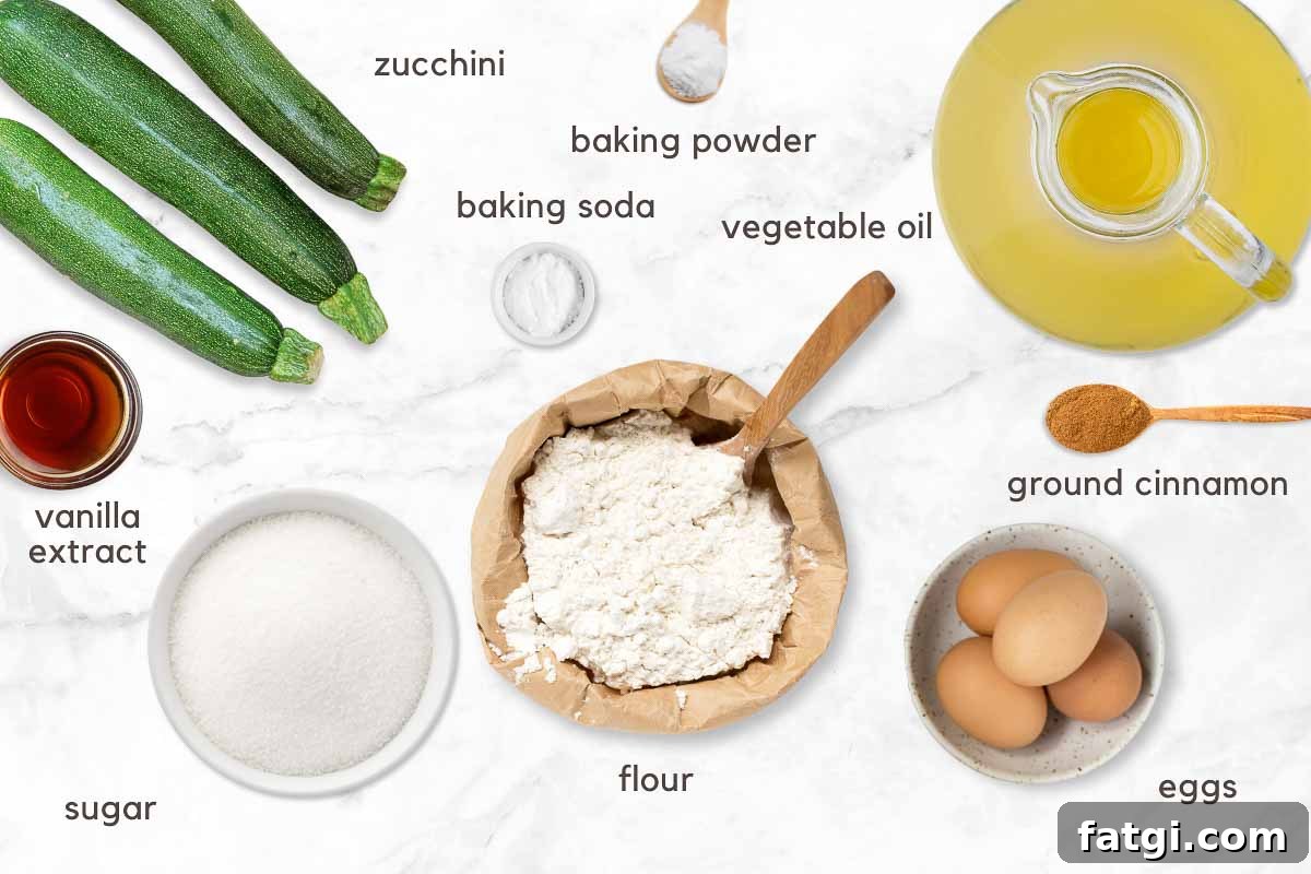 Ingredients for zucchini bread on a counter.