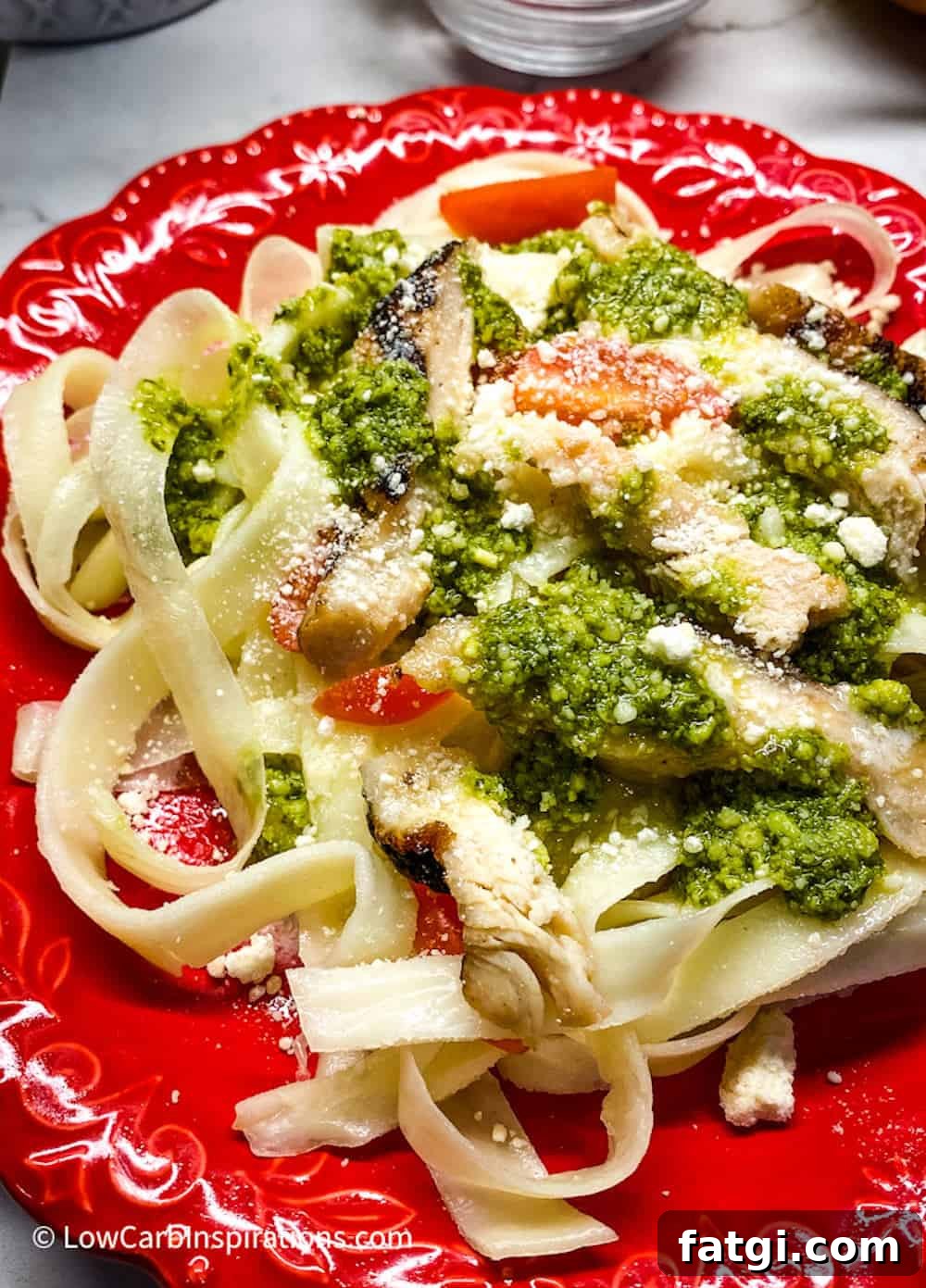 2 Ingredient Keto Pasta noodles served on a red plate