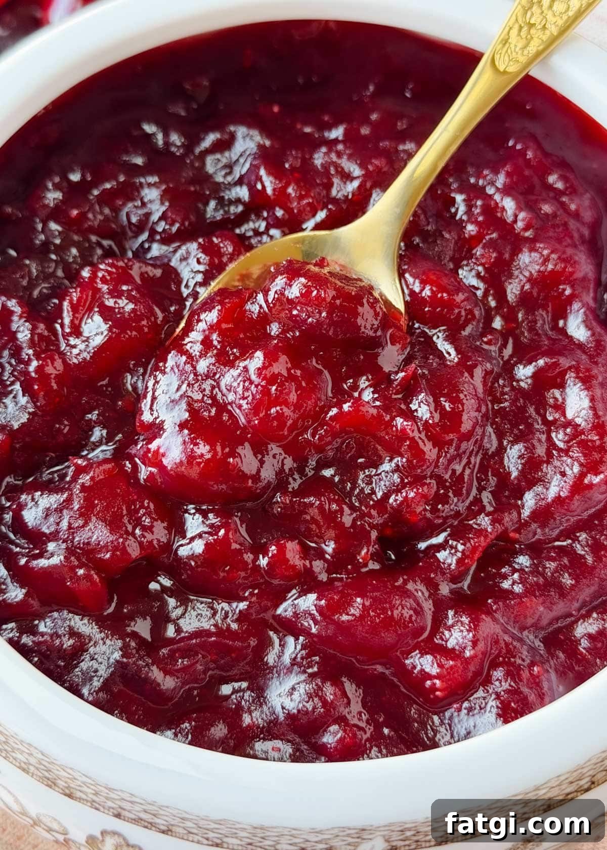 Close-up of homemade whole berry cranberry sauce in a white and brown patterned serving bowl, with a gold spoon lifting a portion of the thick, glossy sauce.