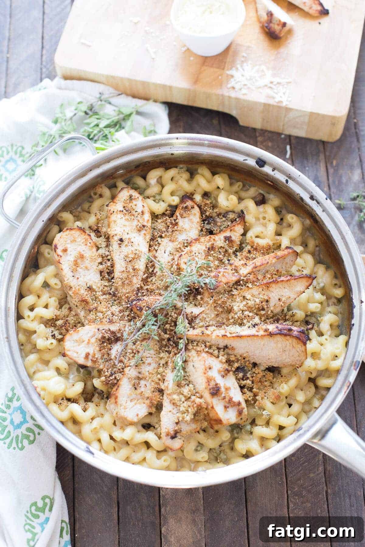 Top view of Turkey Tettrazzini in a skillet
