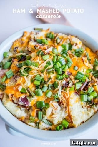 Ham and Mashed Potato casserole topped with scallions