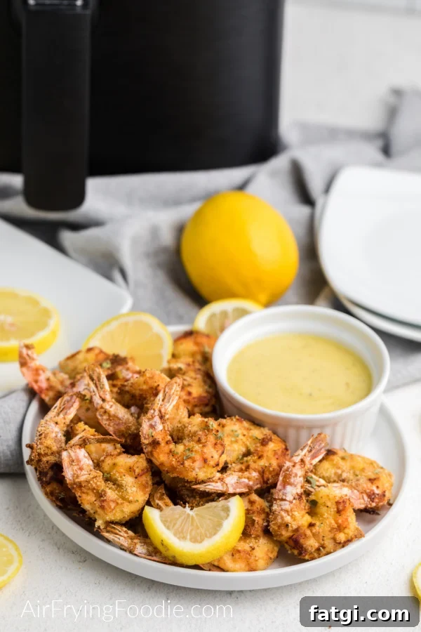 Crispy Keto Air Fryer Fried Shrimp 2 Keto Fried Shrimp made in the air fryer on a white plate with lemon slices and a dipping sauce on the side.
