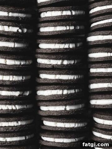 Three rows of vanilla creme filled chocolate sandwich cookies.