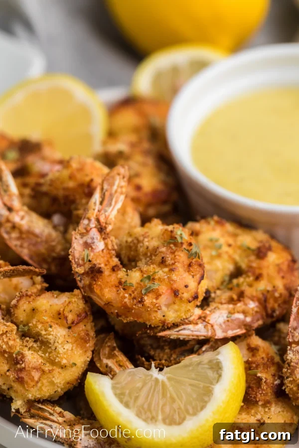 Crispy Keto Air Fryer Fried Shrimp 4 Close up shot of keto fried shrimp on a plate ready to eat.