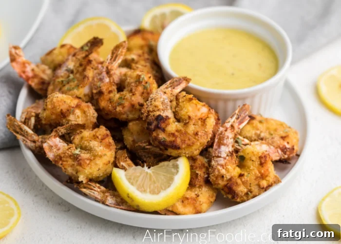 Crispy Keto Air Fryer Fried Shrimp 5 Air Fryer keto Fried Shrimp on a white plate ready to eat - served with lemon slices and a dipping sauce.