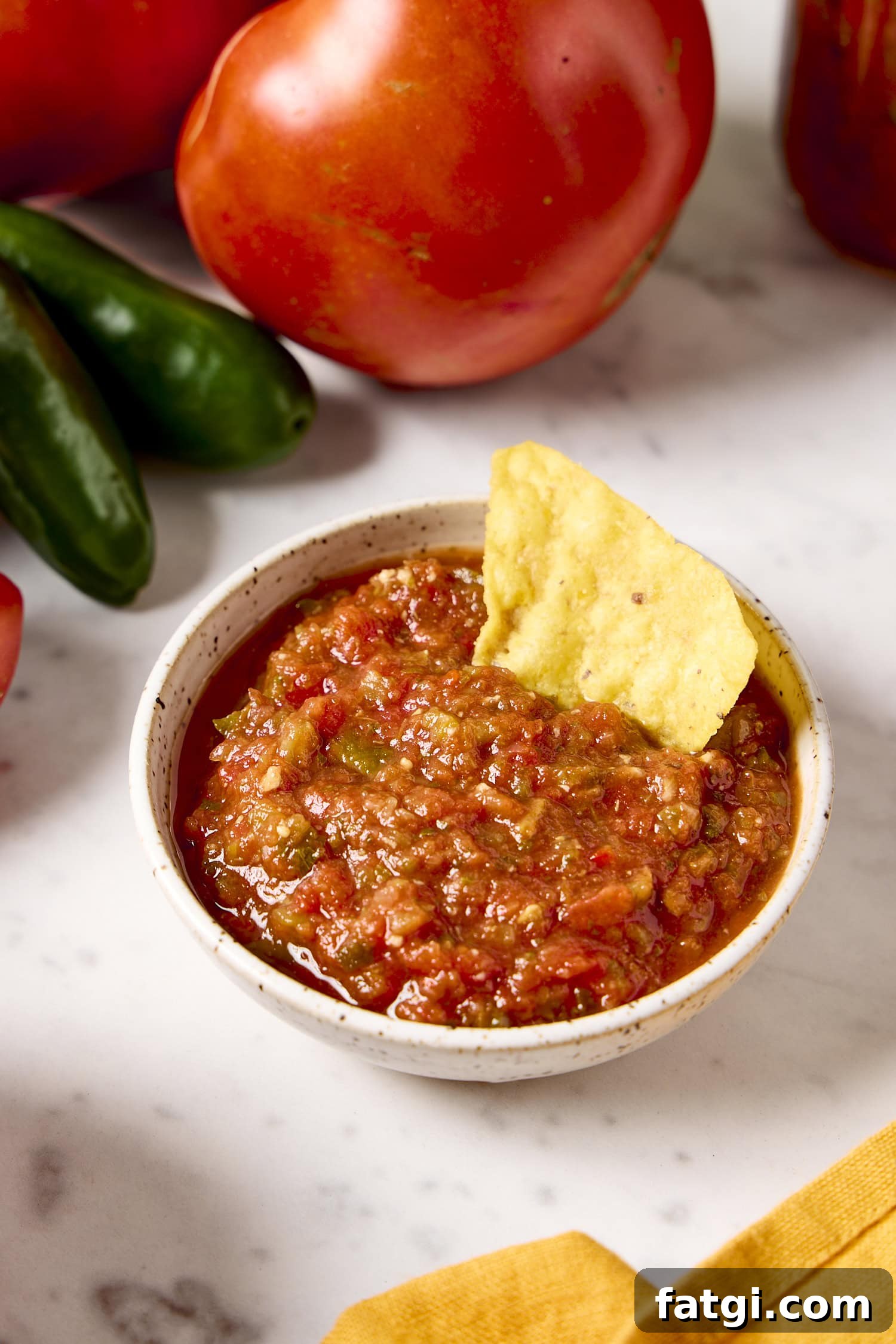 Small bowl filled with homemade salsa with a tortilla chip scooping up a portion.