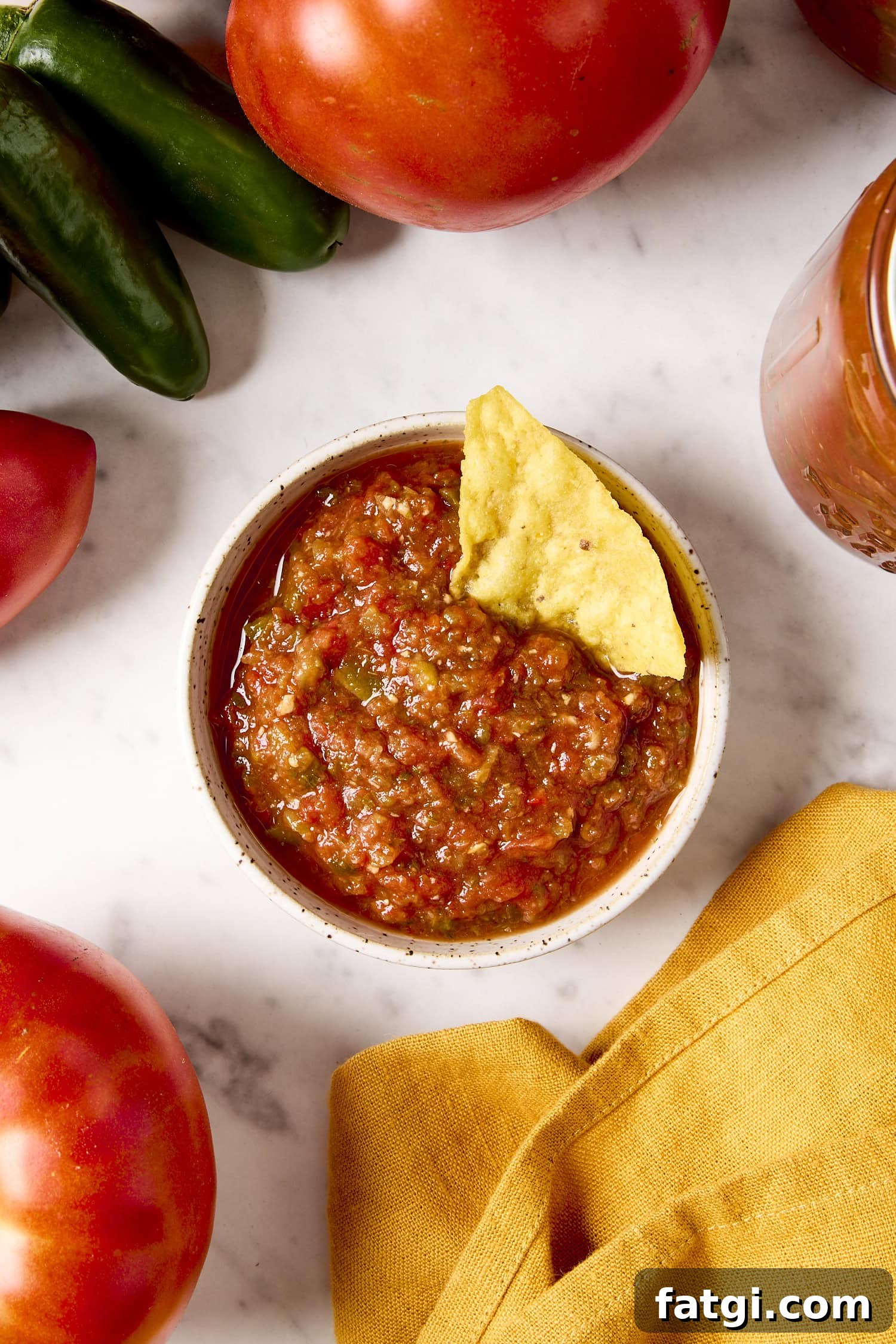 Small bowl filled with salsa with a tortilla chip sitting in salsa.