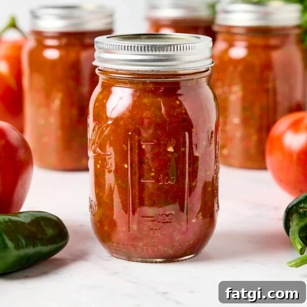 Jars of canned homemade salsa sitting on marble surface with tomatoes and peppers around.