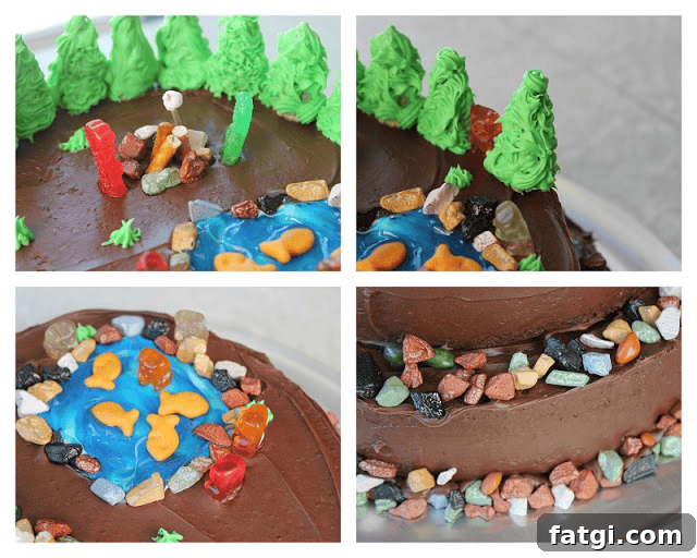 Fun Cake Recipes Kids Can Make at Home 17 Collage of camping cake photos. Close up of candy rocks, frosting lake with goldfish crackers, trees made out of frosting and bugles chips.