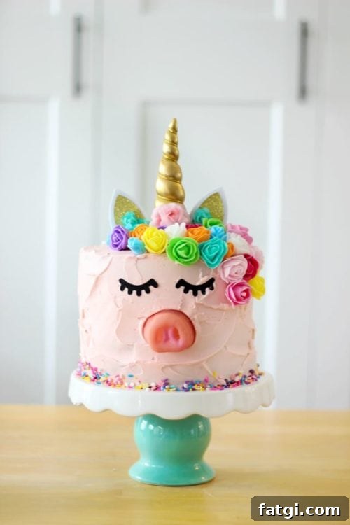 Fun Cake Recipes Kids Can Make at Home 4 Pink pigicorn cake on cake platter.