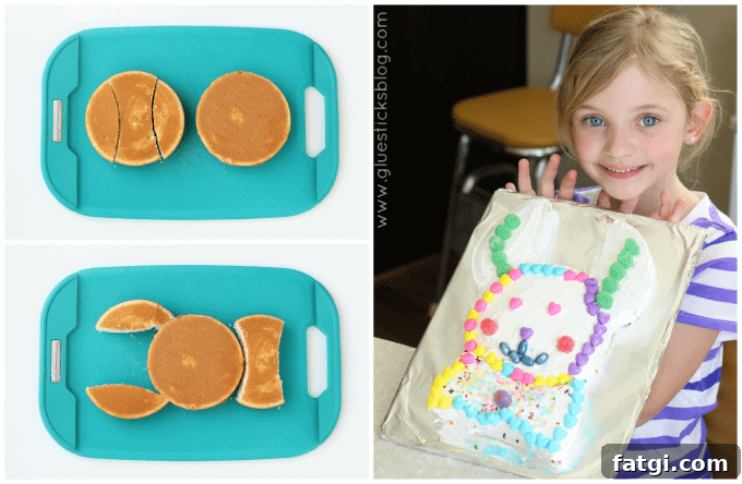 Fun Cake Recipes Kids Can Make at Home 9 Bunny cake cutting diagram and girl with frosted bunny cake.