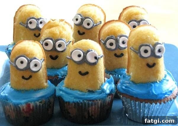 Fun Cake Recipes Kids Can Make at Home 10 Minion cupcakes on a blue platter.