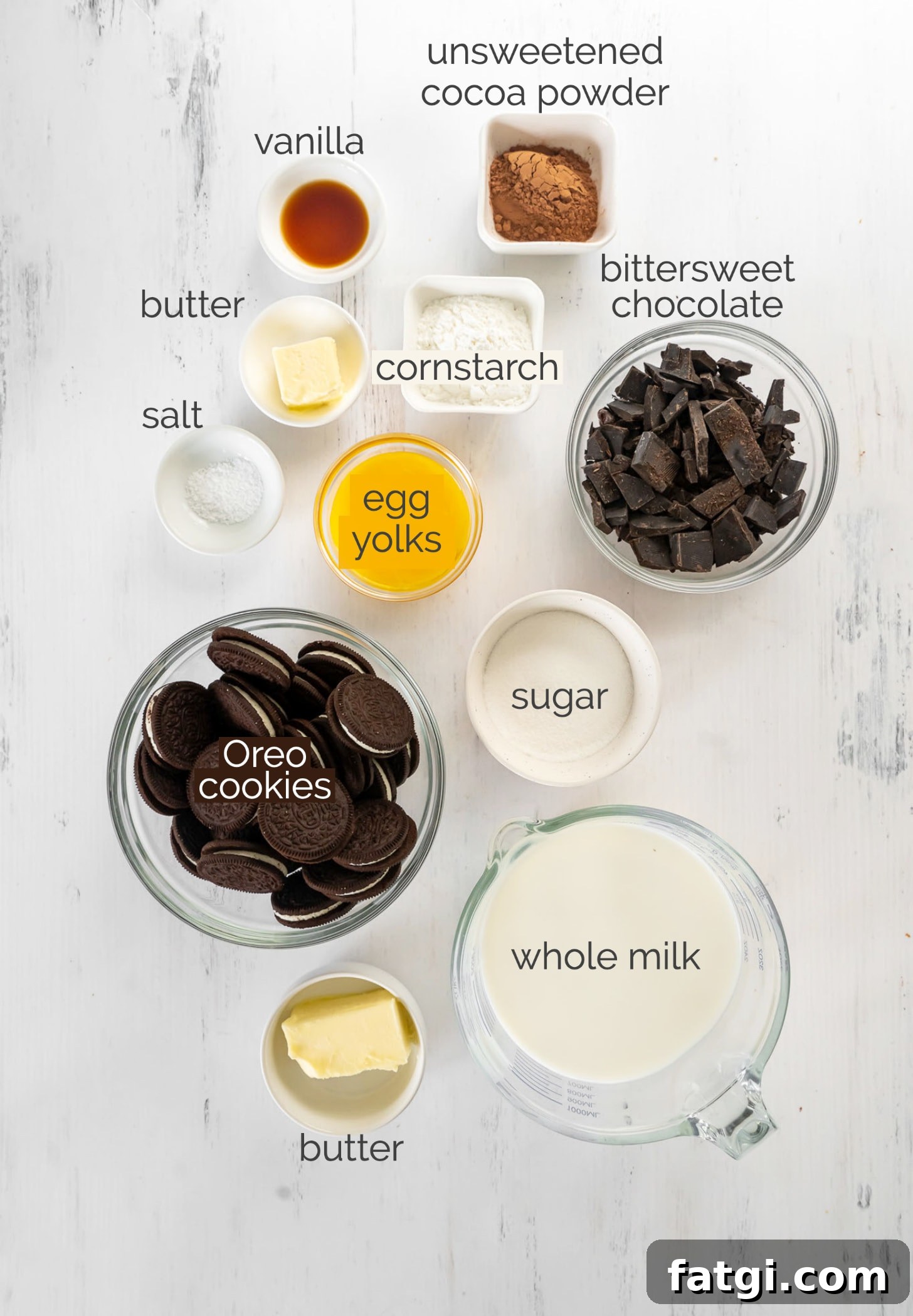 chocolate cream pie ingredients in bowls labeled with text