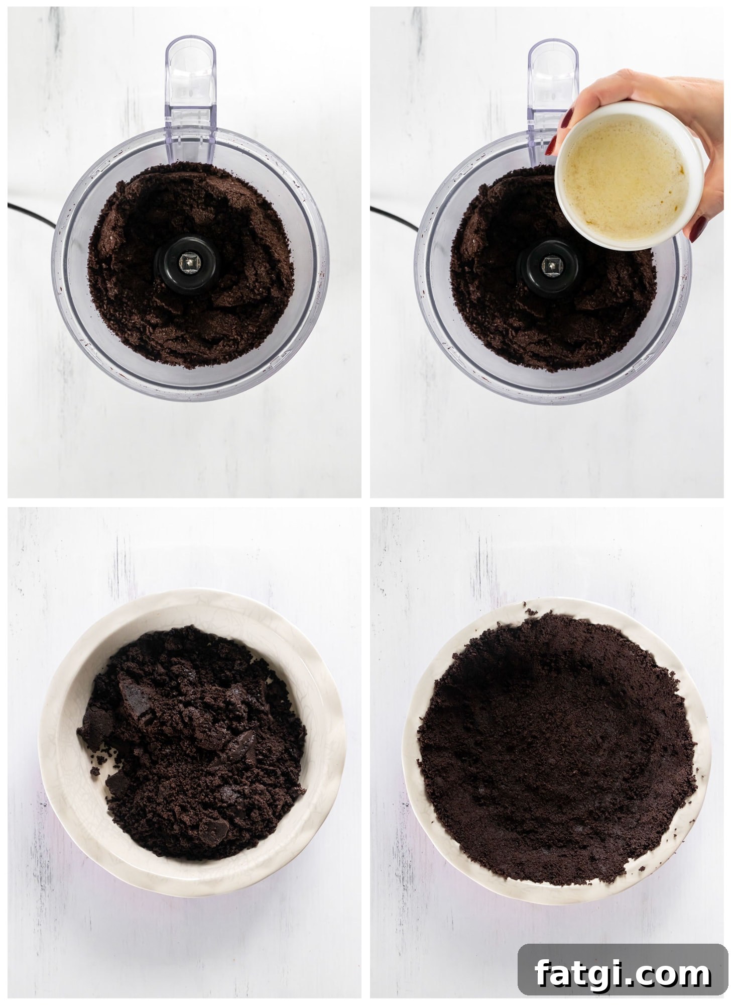 photo collage demonstrating how to make oreo cookie crust in food processor and pie plate