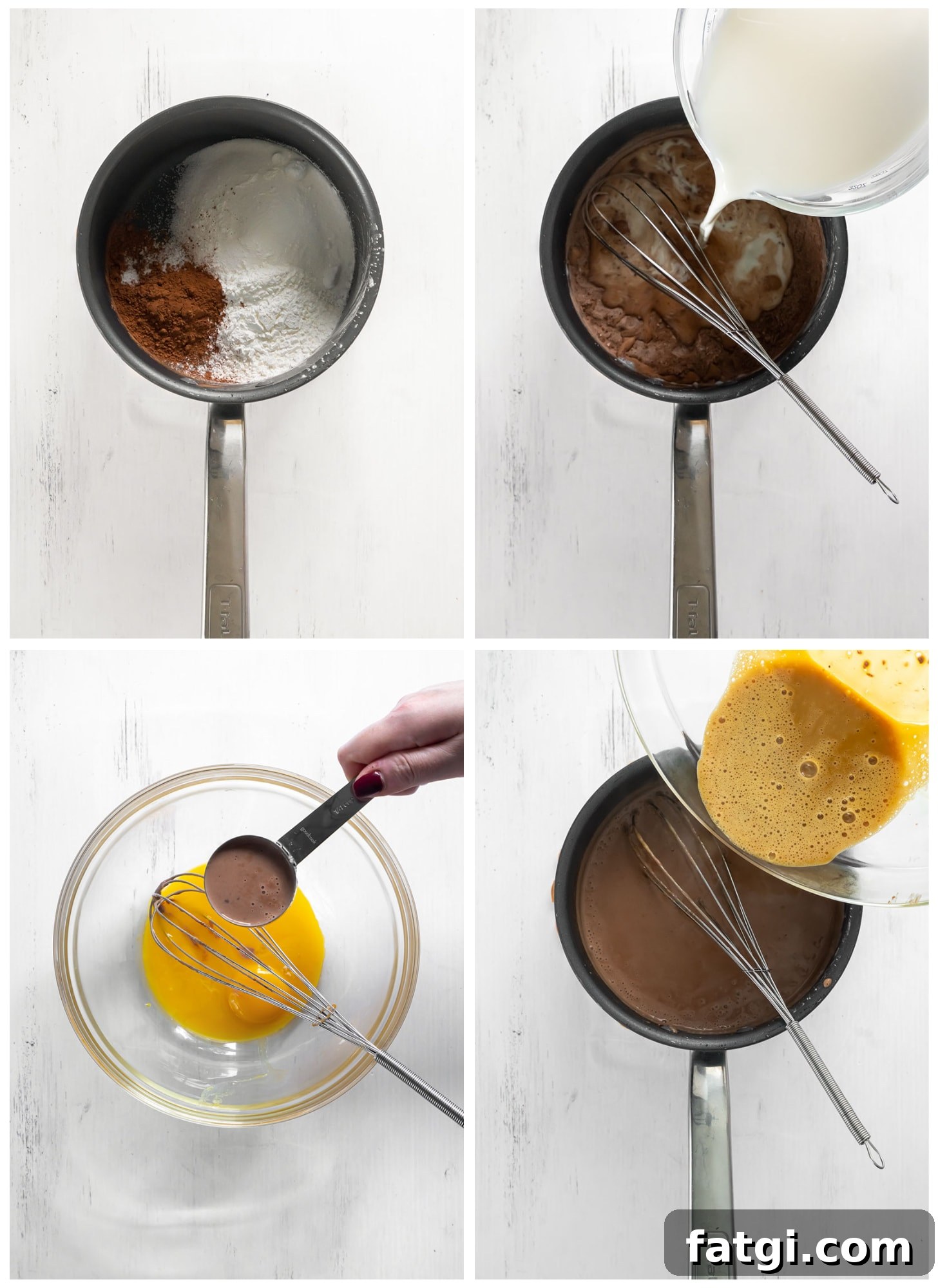 photo collage demonstrating how to make chocolate cream pie in saucepan and temper eggs