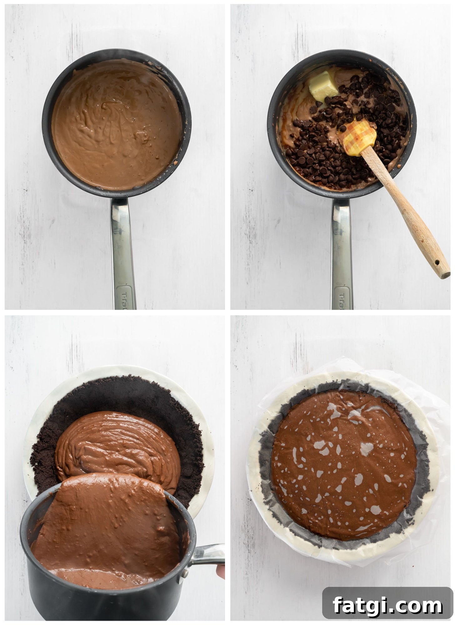 photo collage demonstrating how to melt chocolate for chocolate cream pie and add filling to cookie crust