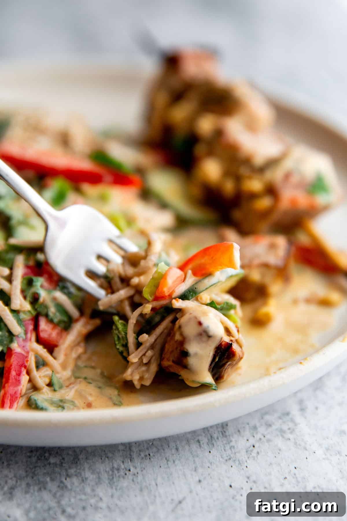 Juicy Marinated Pork Kebabs with Peanut Noodle Salad 11 A fork holding a bite of peanut noodle salad and pork kebabs topped with cilantro