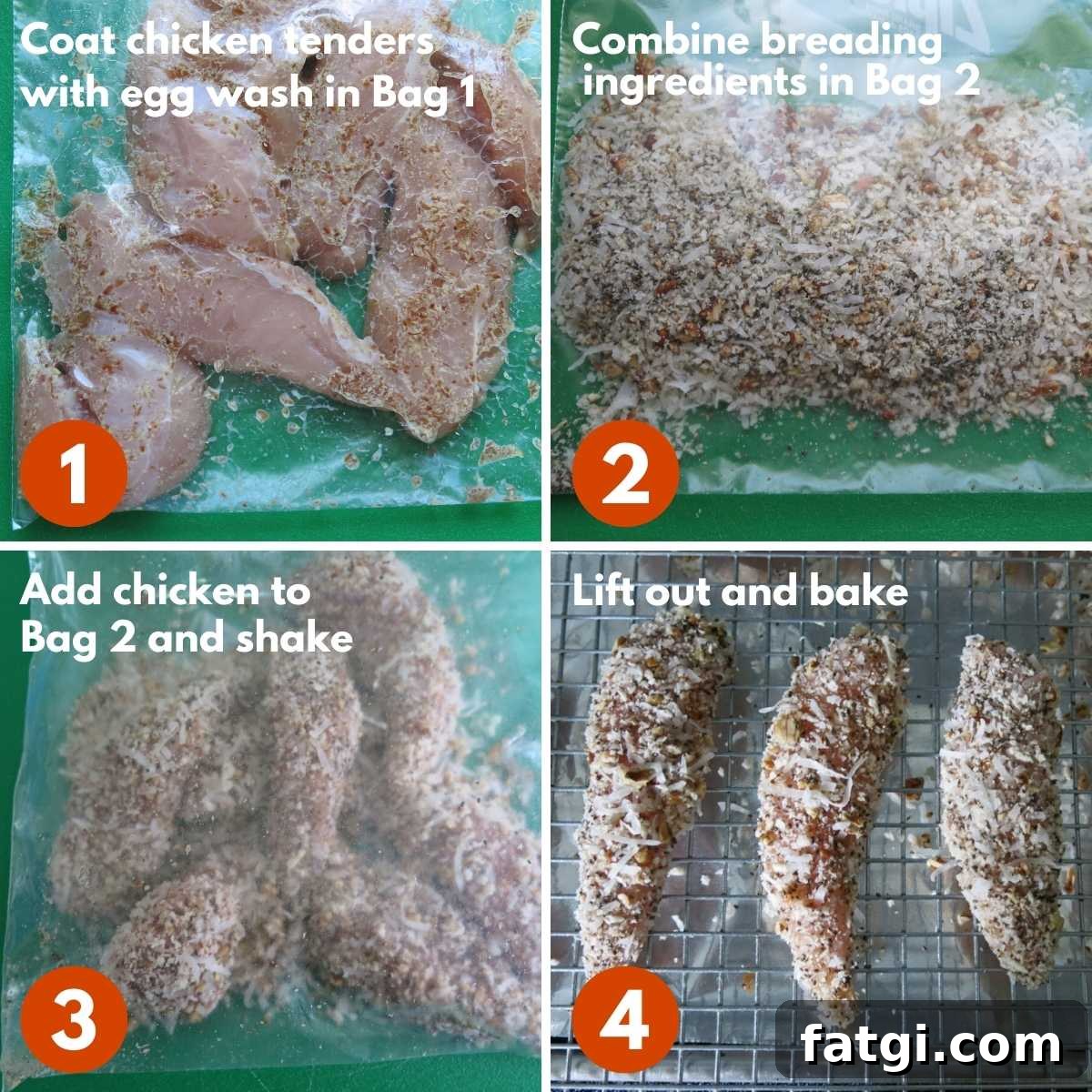Labeled and numbered collage of steps to easily bread chicken tenders.