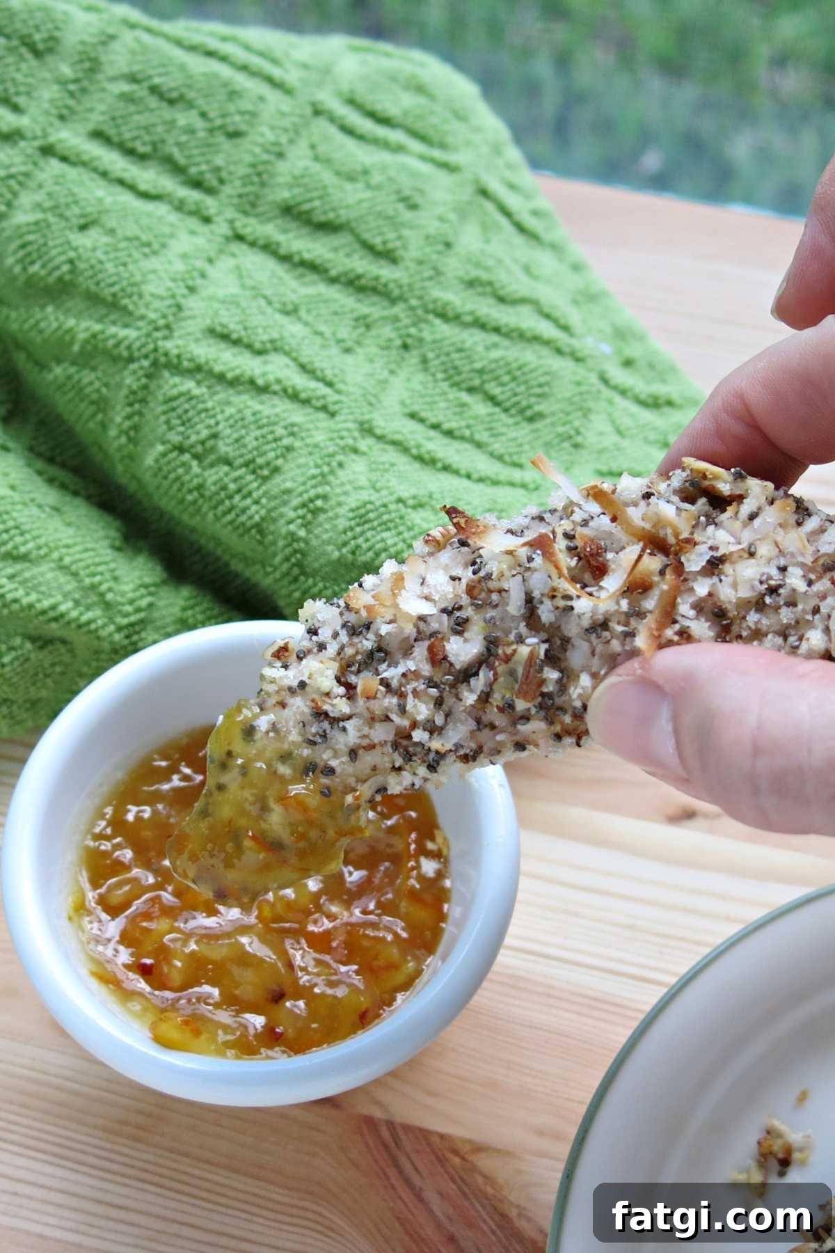 Fingers holding a easy baked chicken tender that has been dunked into a sauce.