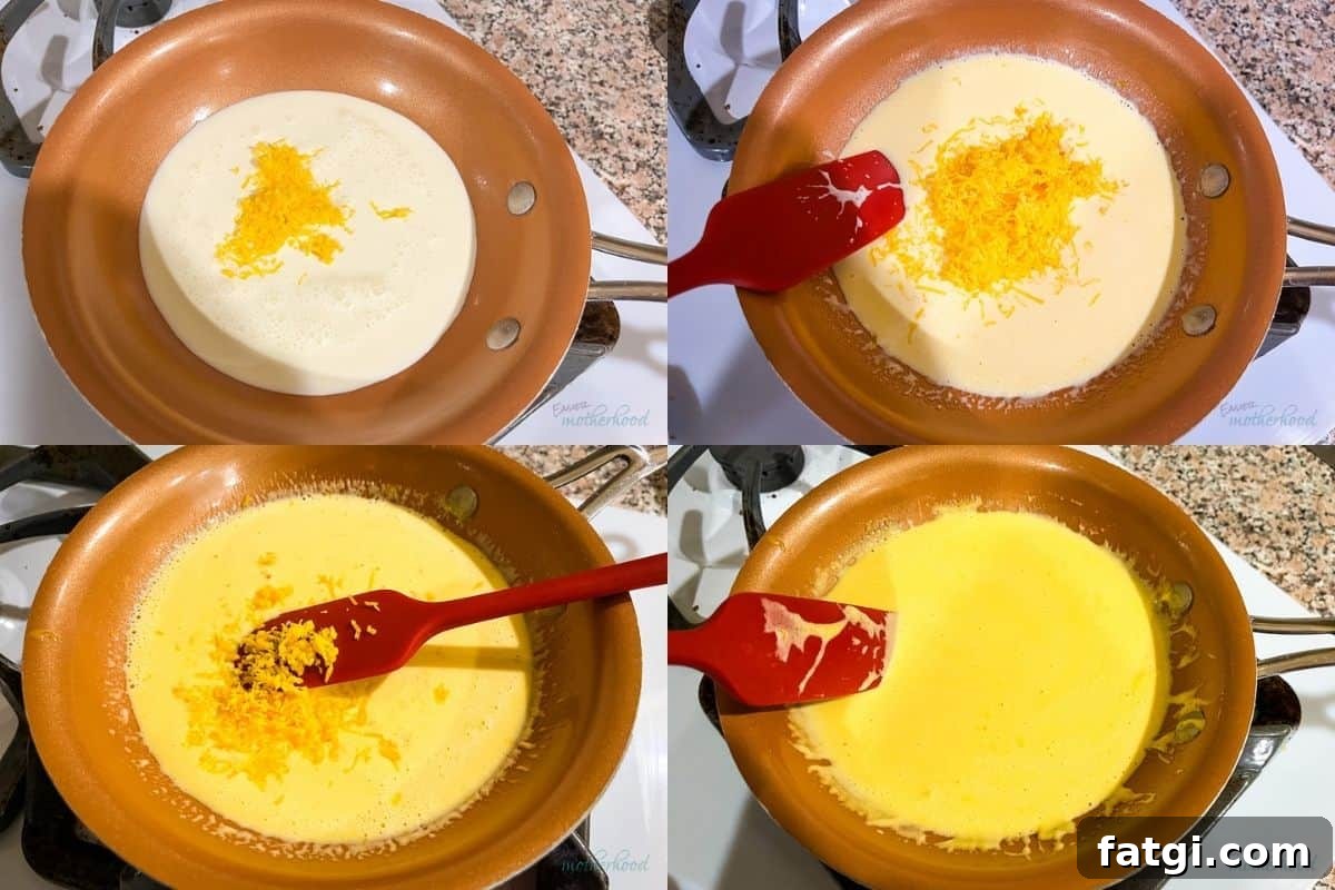 Four photos showing the progression of melting cheese into heavy cream