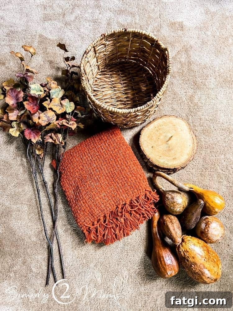décor items on floor to style basket for fall