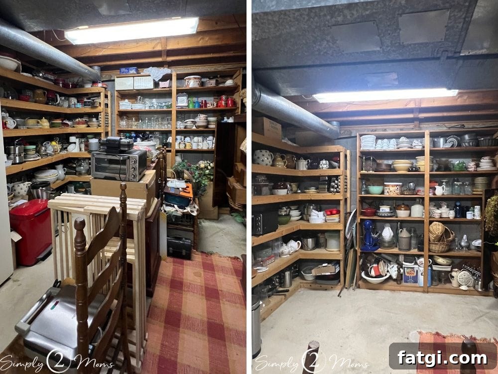 Side by side comparison of storage shelves in a basement after purging and organizing them.