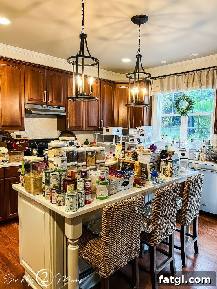 Kitchen island covered with everything that was inside the pantry.