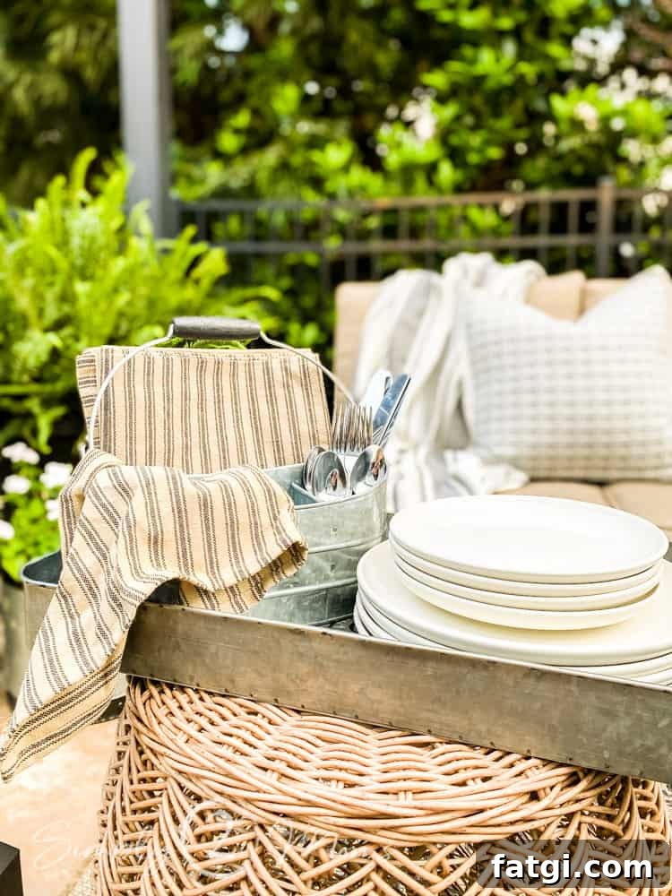galvanized tray on small wicker table filled with a stack of large and small plates and utensil caddy with cloth napkins and silverware in it