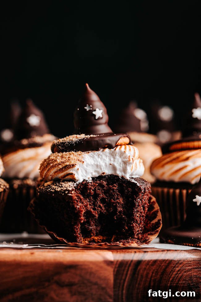 Halloween Witch Hat Smores Cupcakes 2 Witch Hat S’mores Cupcakes with chocolate witch hat toppers